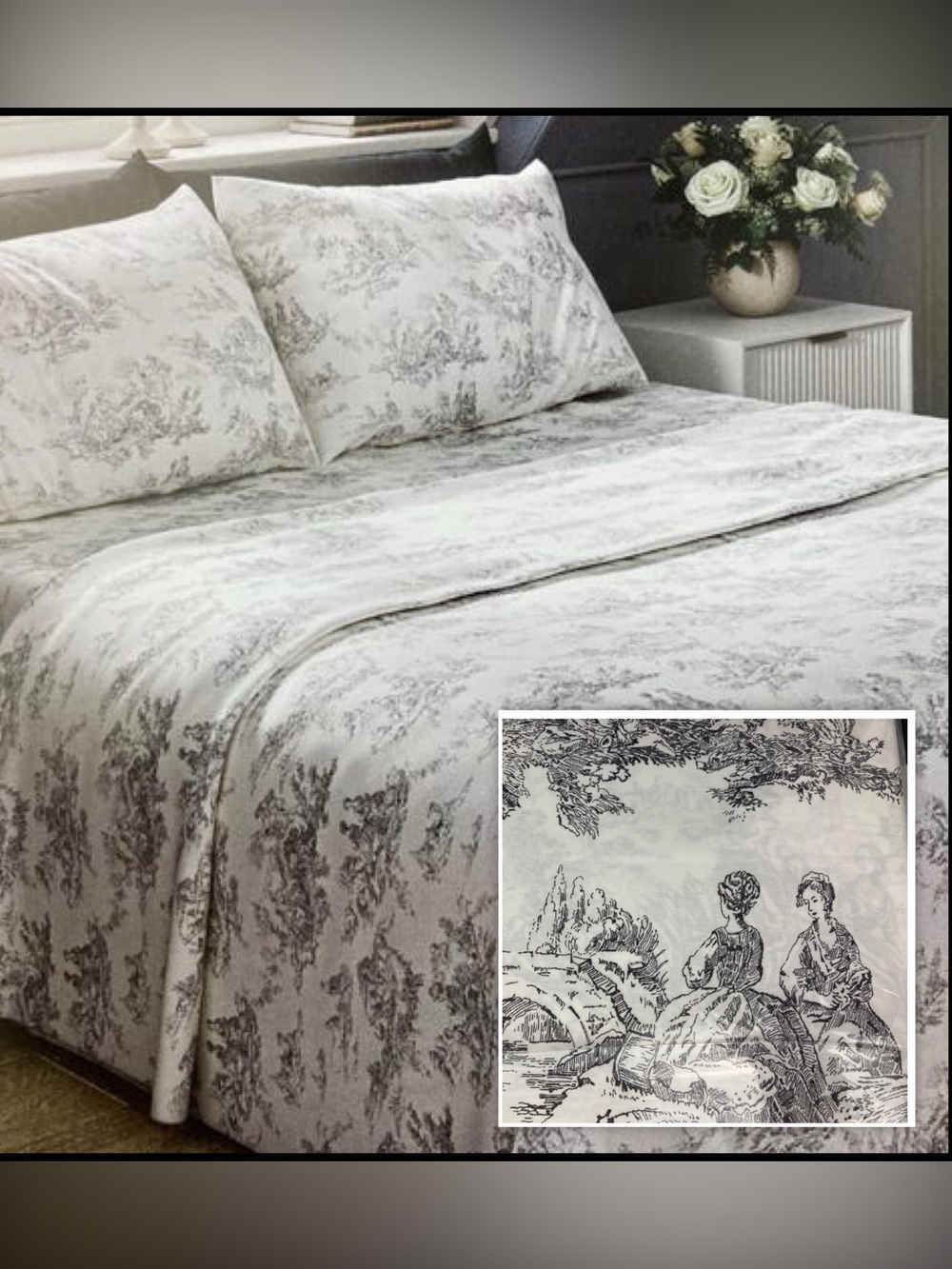 Cabbages & Roses London King Sheet Set Charcoal Grey Country Toile Cottagecore